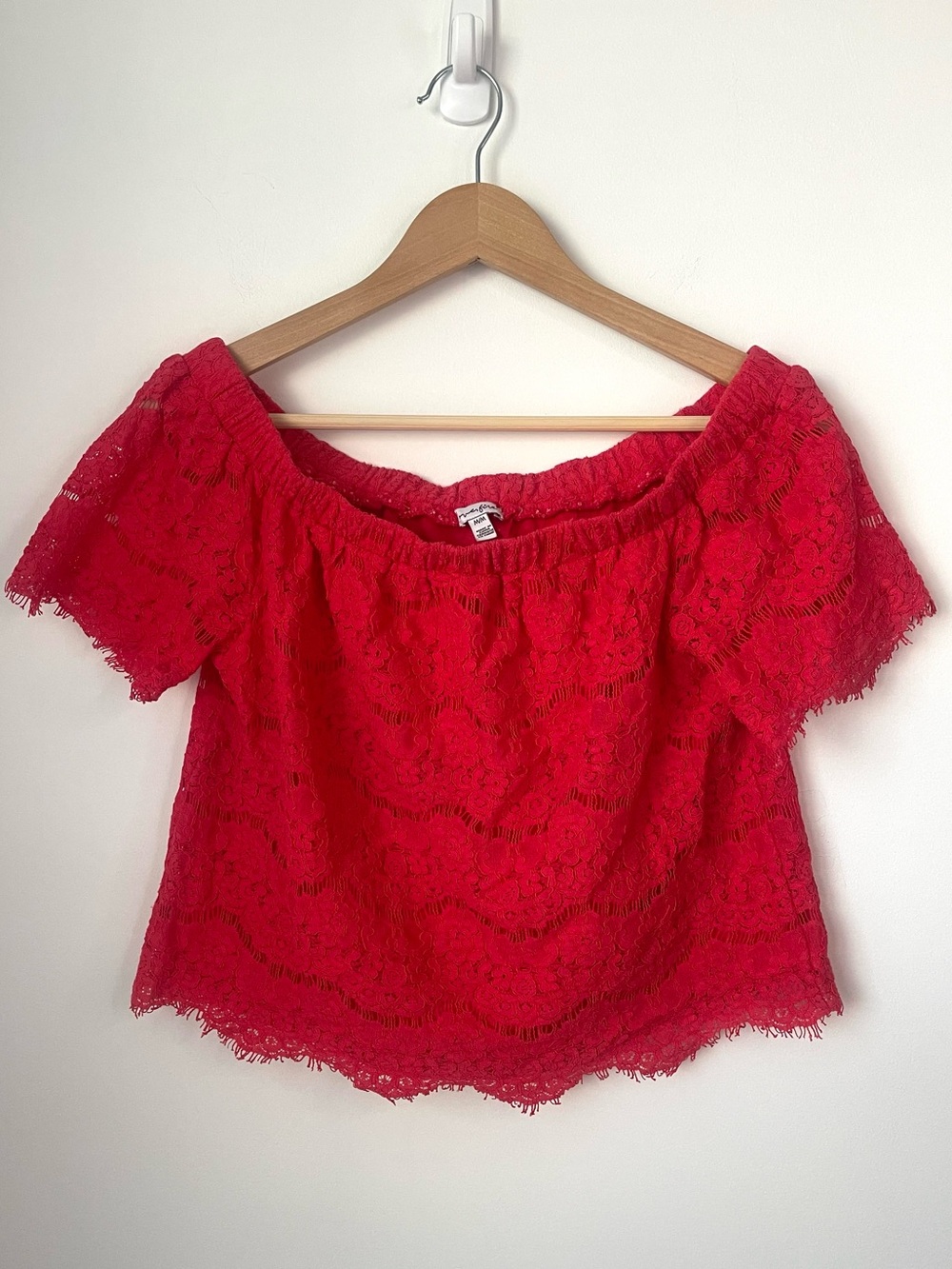 love, Fire Red Lace Off-Shoulder Blouse